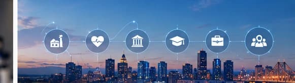Louisville skyline with symbols representing business, healthcare, education, and community organizations