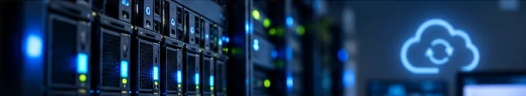 Server racks with an illustrated cloud recovery symbol
