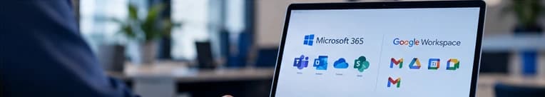 Illustrative laptop displaying Microsoft 365 and Google Workspace collaboration tools